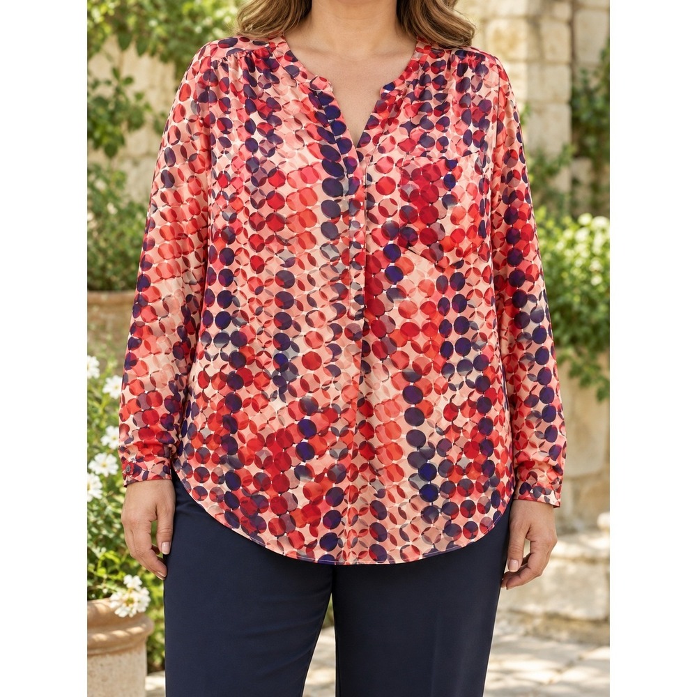 Liz Claiborne Woman 1X Watercolor Dot Blouse Coral Pink Navy Split Neck